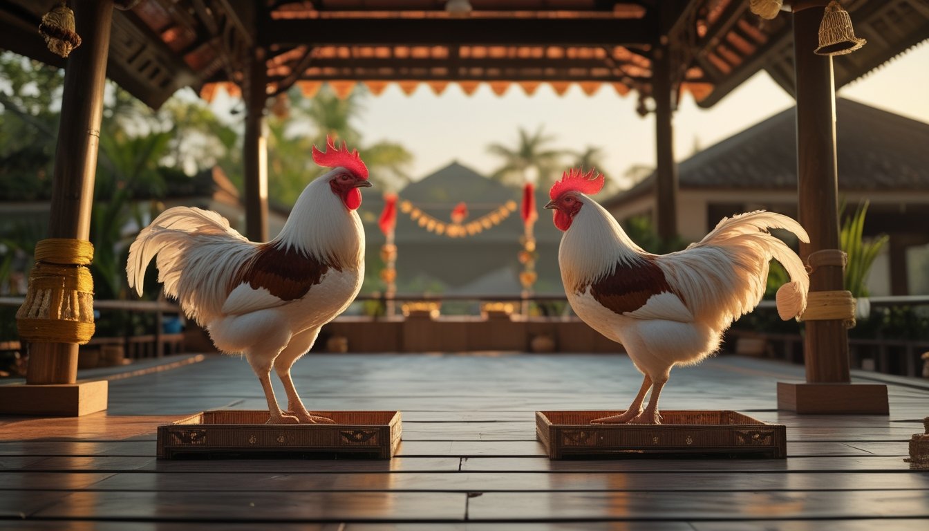 Dua ayam jantan dirawat oleh pawang di arena tradisional yang dihiasi tanaman tropis dan ornamen meriah.