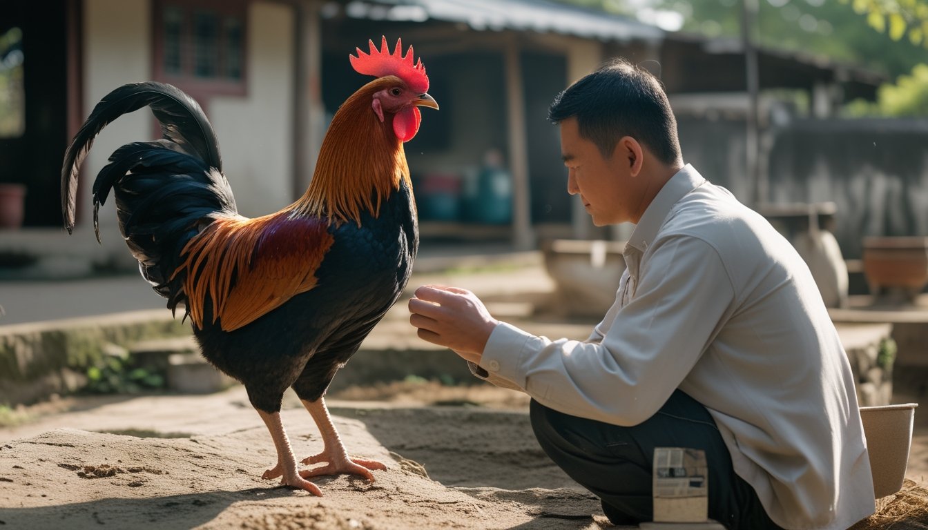 Seorang pria memeriksa ayam jantan sehat di halaman bersih dengan suasana pedesaan.
