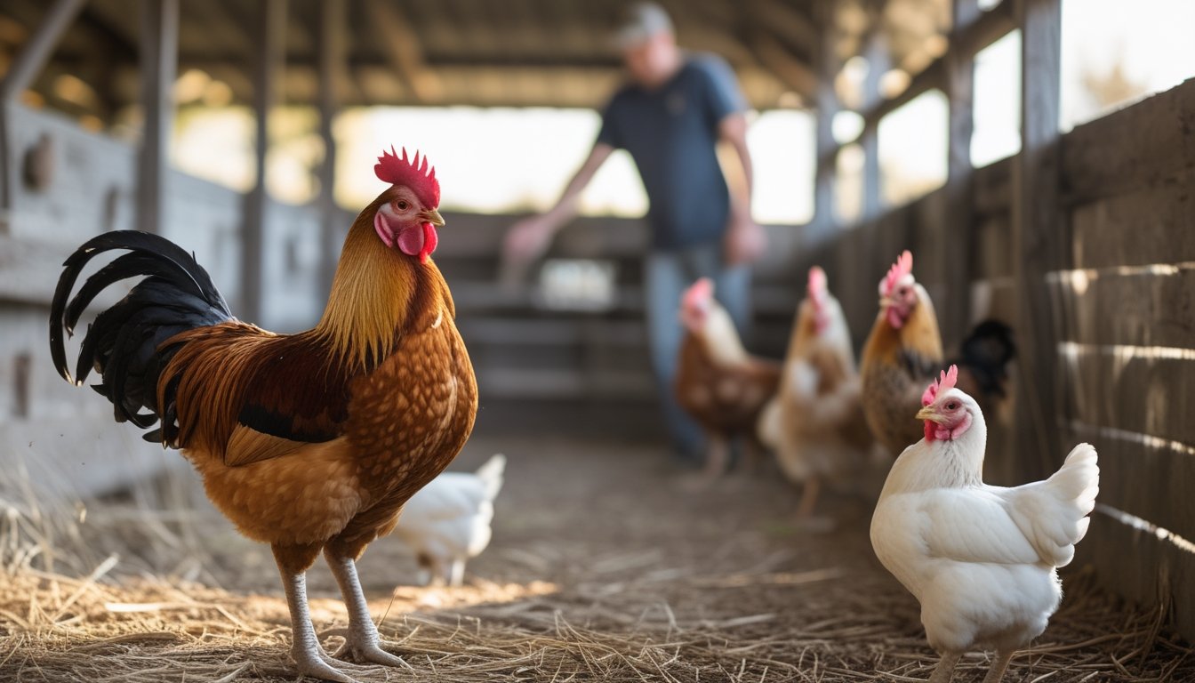 Seekor ayam jantan sehat berdiri di lingkungan peternakan yang bersih dan nyaman, dengan beberapa ayam serta pengasuh di latar belakang.