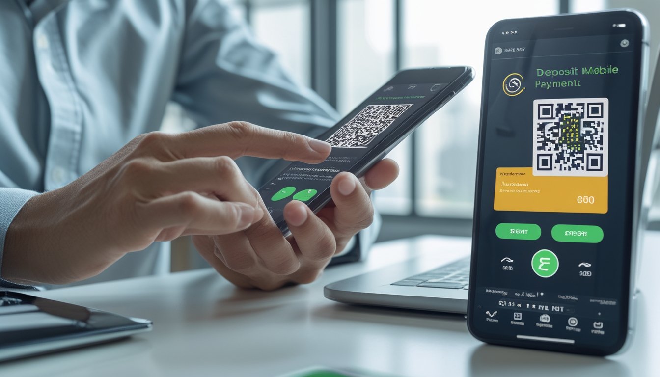 Seseorang menggunakan ponsel untuk melakukan pembayaran digital melalui kode QR di meja kerja modern.