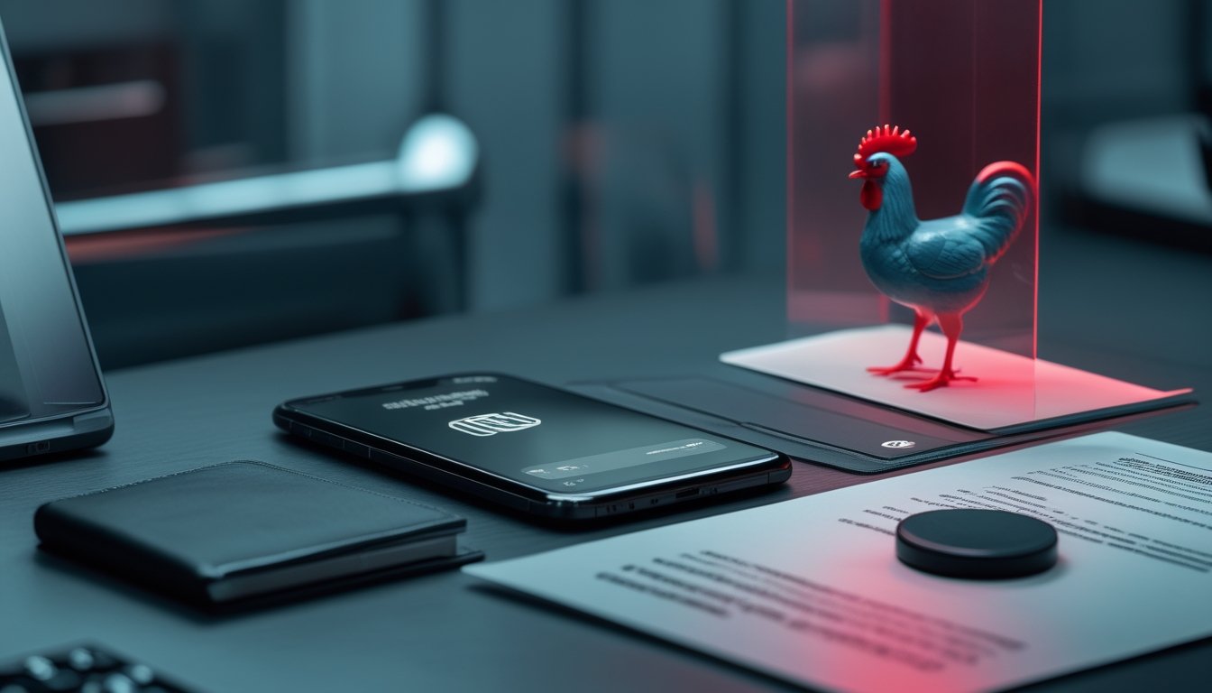 Ponsel dan dompet berada di meja dengan simbol ayam di balik pembatas kaca serta tanda peringatan.