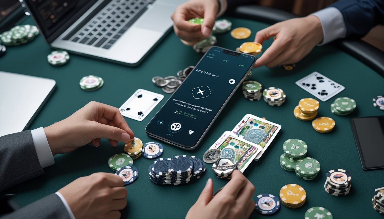Meja Pai Gow Poker dengan kartu, chip, dan perangkat digital yang menampilkan transaksi pembayaran aman.