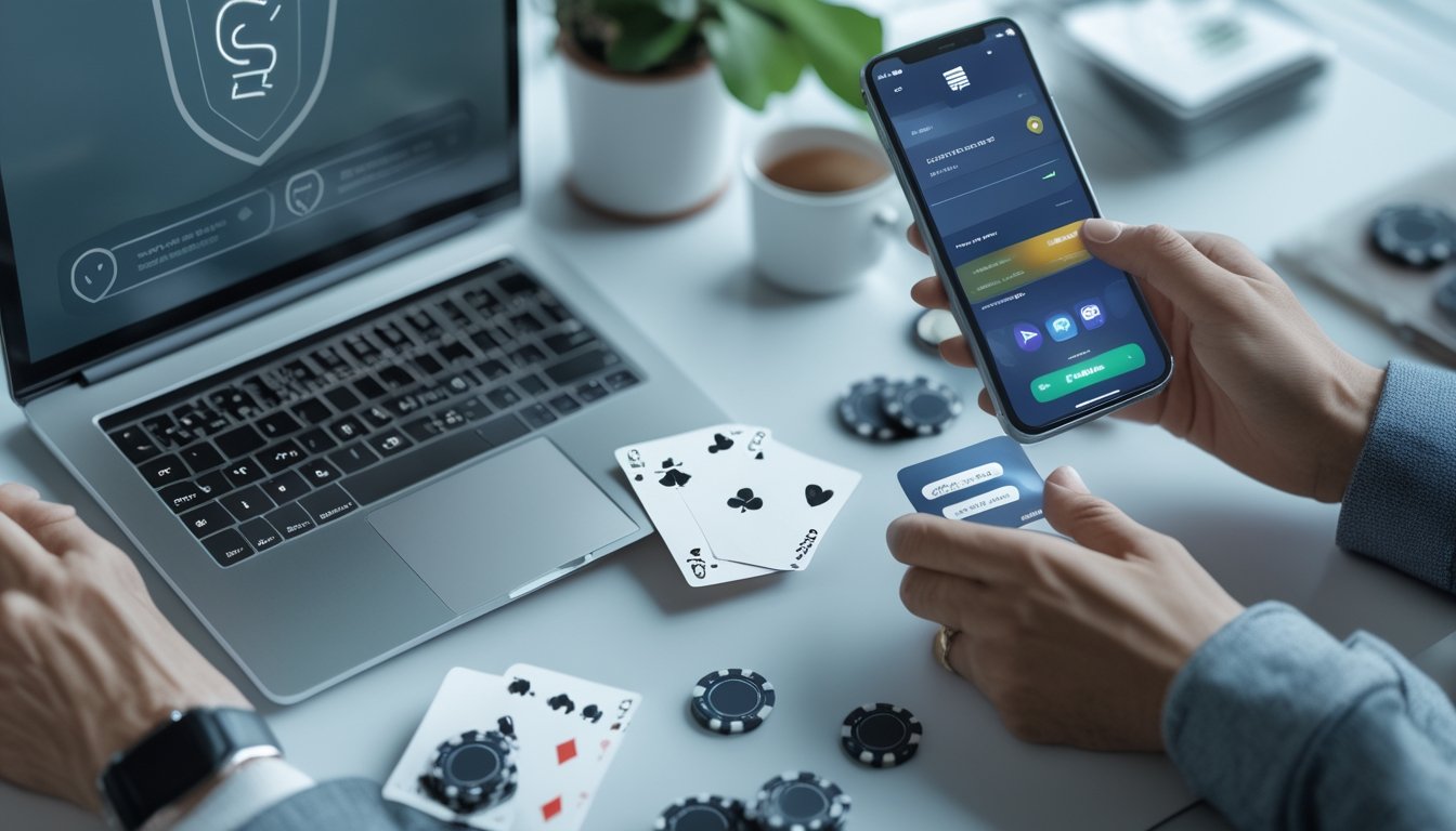 Perangkat digital, kartu pembayaran, kartu permainan, dan chip poker dengan simbol keamanan dalam suasana transaksi yang tepercaya.