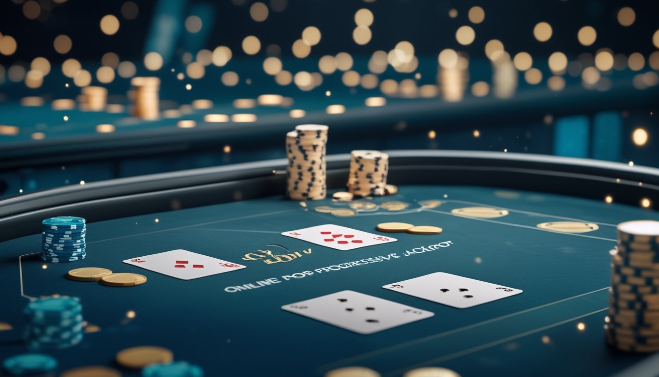 Meja Pai Gow Poker digital dengan kartu, tumpukan chip, dan indikator jackpot bercahaya.