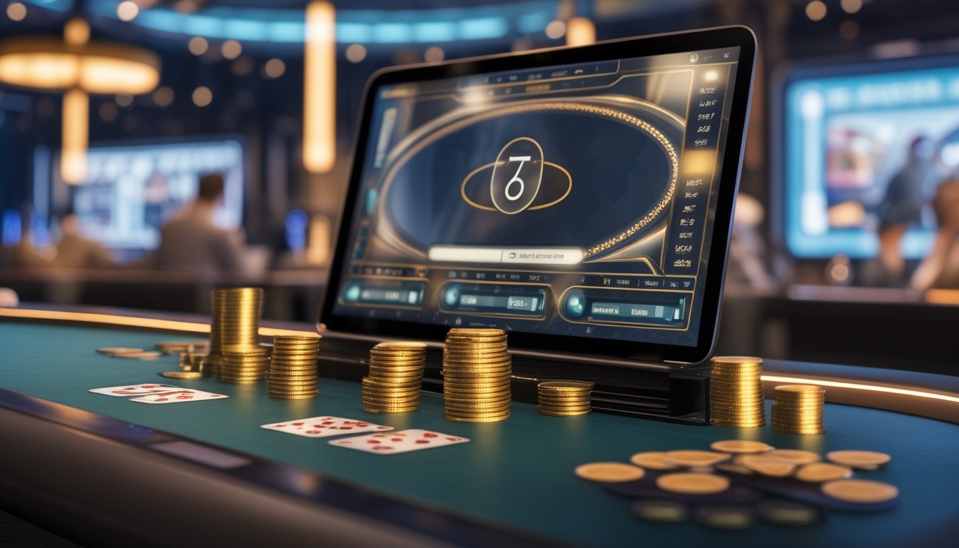 Meja Pai Gow Poker digital dengan kartu, keping poker, dan indikator jackpot progresif yang bercahaya.