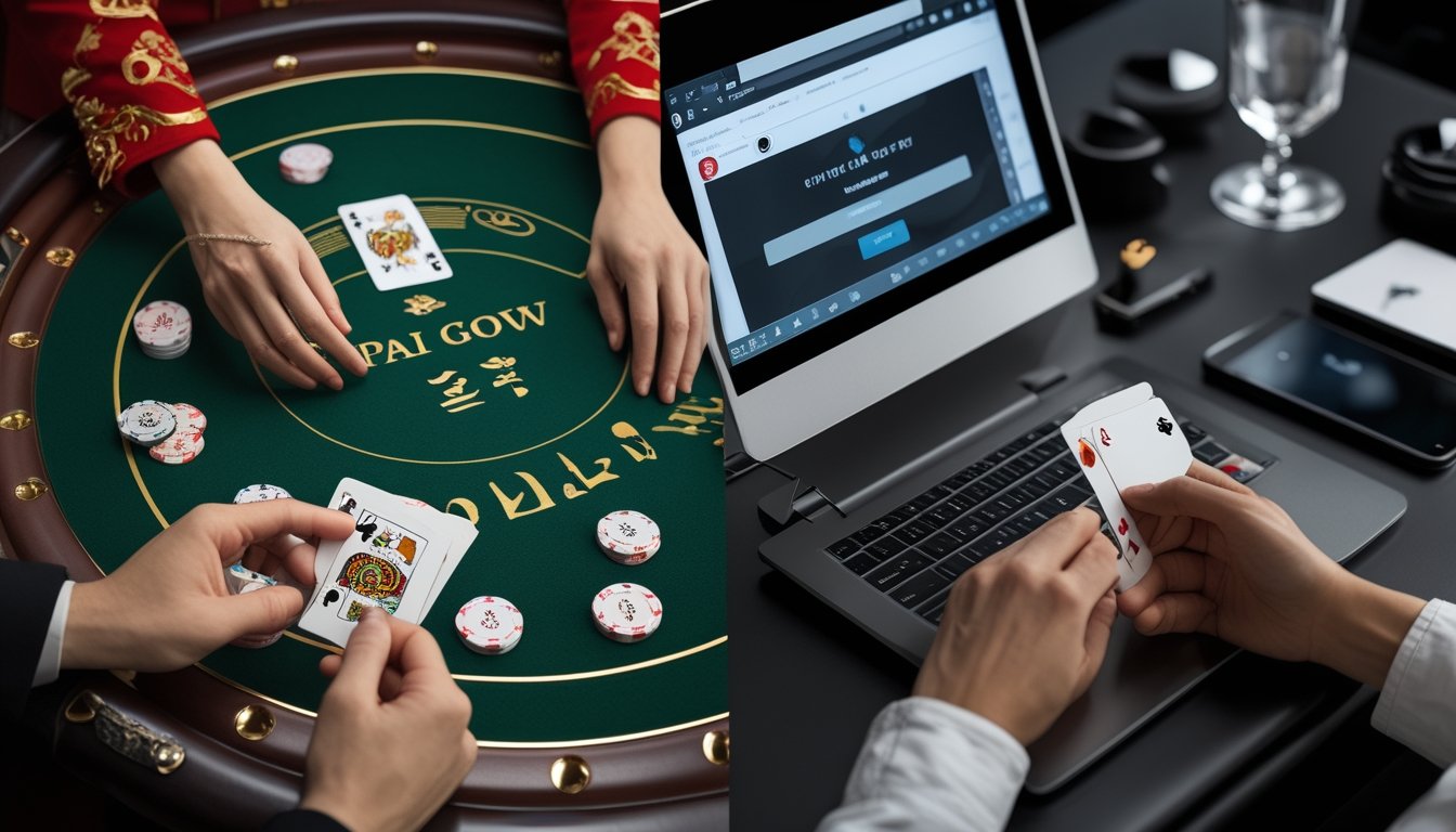 Perbandingan permainan Pai Gow Poker tradisional di meja kasino dan versi online pada perangkat digital.