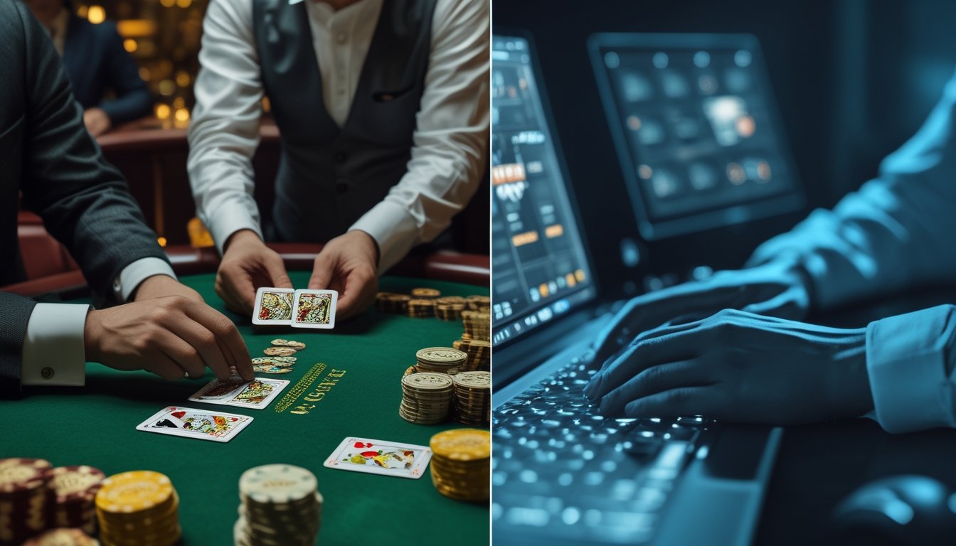 Perbandingan permainan Pai Gow Poker tradisional di meja kasino dan versi daring pada laptop.