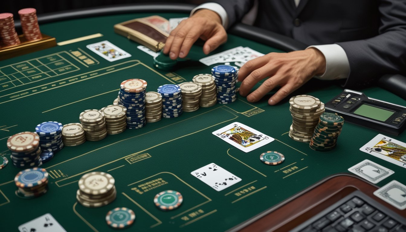 Tumpukan chip poker, kartu tertutup, kalkulator, dan buku catatan tersusun di atas meja Pai Gow Poker.