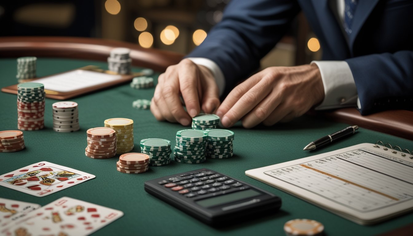 Tangan pemain menata tumpukan chip poker di samping buku catatan dan kalkulator di meja kasino.