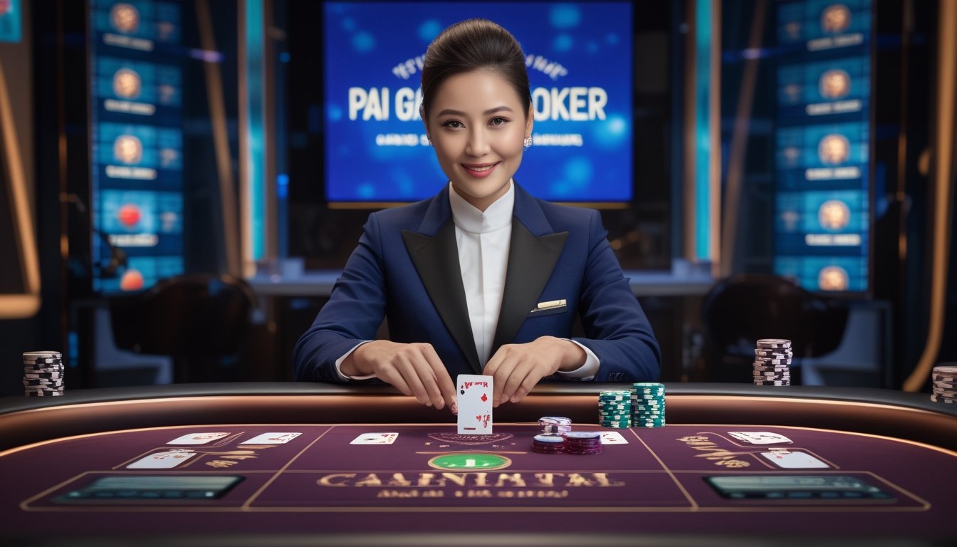 Dealer profesional membagikan kartu Pai Gow Poker di meja kasino dalam suasana studio modern.