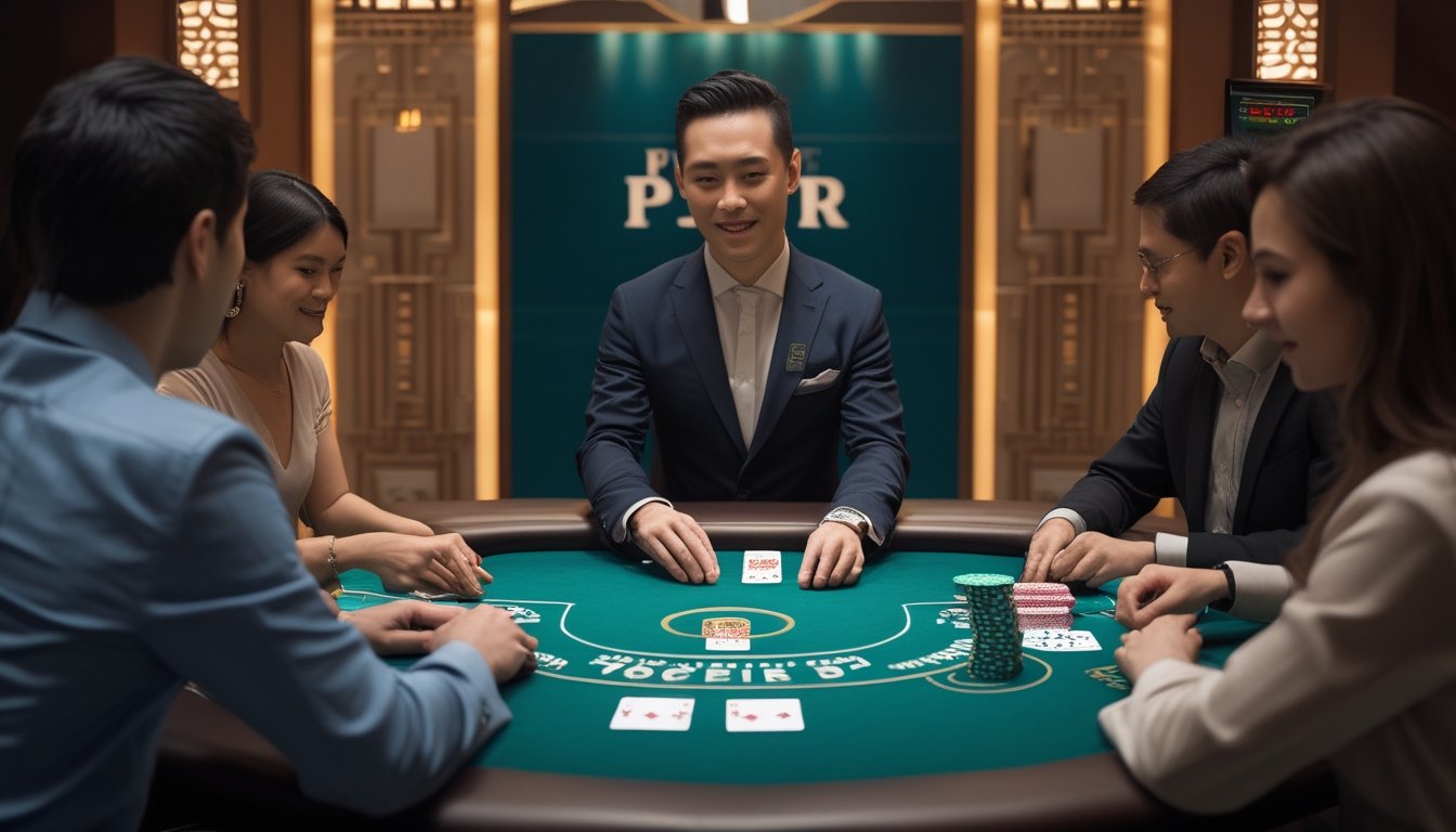 Dealer profesional membagikan kartu Pai Gow Poker di meja kasino live bersama para pemain.