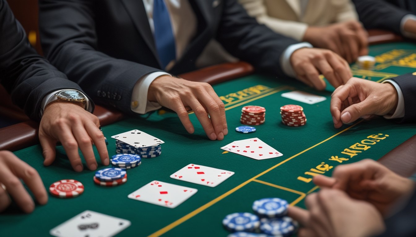 Seorang pemain tampak ragu saat mengatur kartu dan chip di meja Pai Gow Poker.