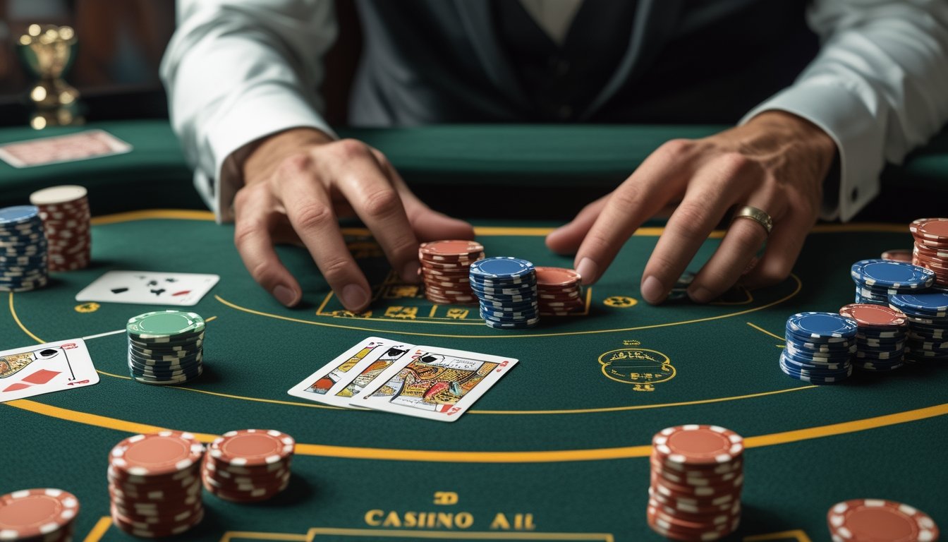 Pemain mempelajari tata letak meja Pai Gow Poker sebelum menempatkan keping taruhan.