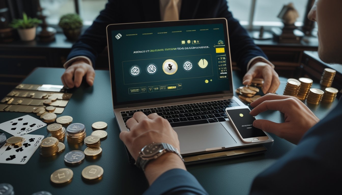 Pemain menggunakan laptop dengan kartu Pai Gow Poker, chip, dan simbol hadiah cashback di atas meja.