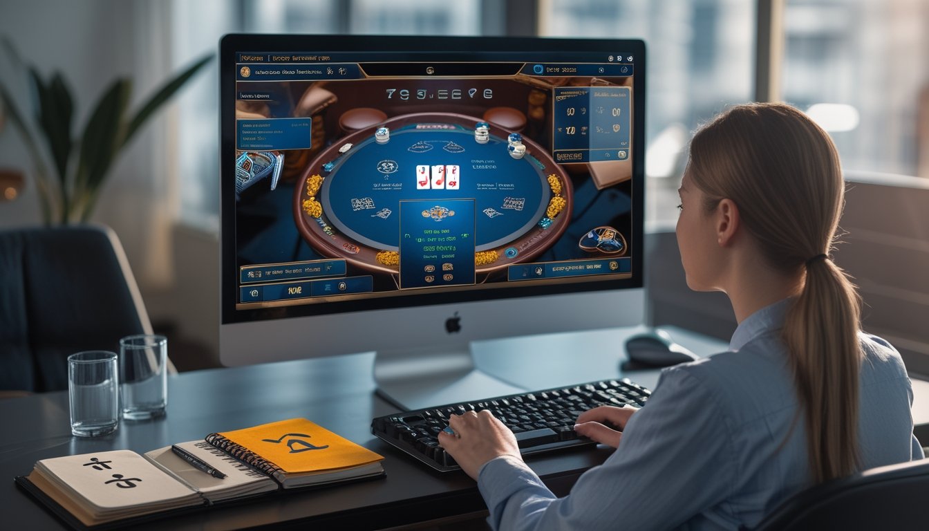 Seseorang mengamati permainan Pai Gow Poker digital di layar komputer sambil menganalisis kartu dan keping.
