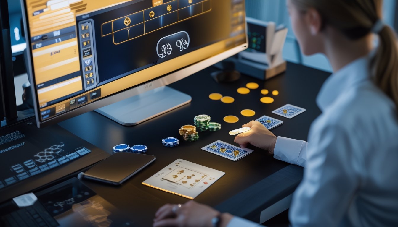 Pemain mengamati meja Pai Gow Poker digital dengan kartu, chip, dan catatan pola permainan.