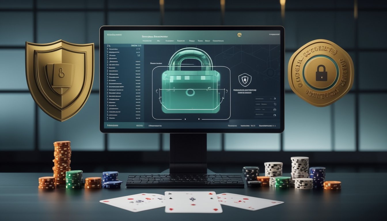 Meja Pai Gow Poker dengan kartu, chip, laptop, dan simbol perisai serta gembok yang menggambarkan keamanan dan lisensi resmi.