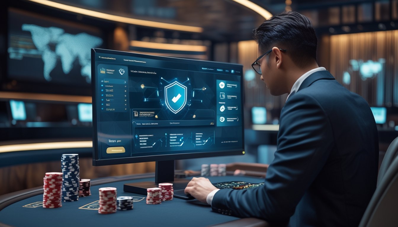 Seorang profesional meninjau dasbor keamanan di dekat meja Pai Gow Poker dengan kartu dan chip.