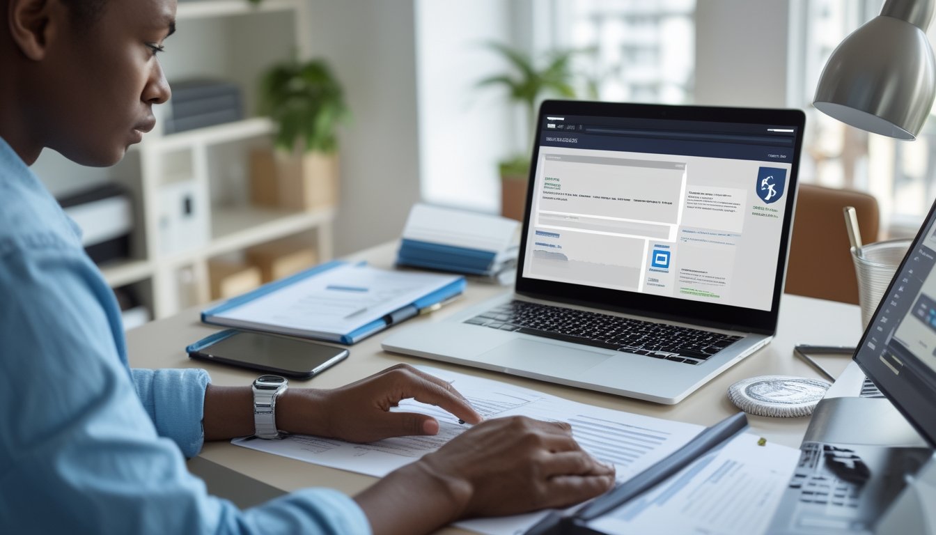 Seseorang memeriksa keamanan platform online menggunakan laptop, ponsel, dan simbol peringatan.