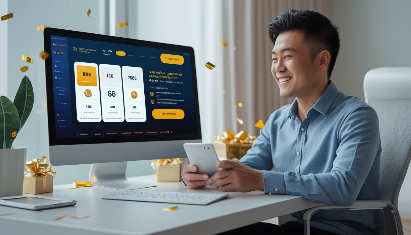 Orang dewasa sedang menggunakan laptop di ruang kerja modern dengan elemen hadiah dan suasana perayaan.