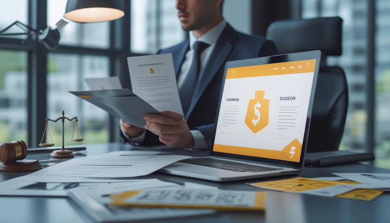 Seorang profesional meninjau dokumen hukum dan risiko di meja kerja dengan laptop serta simbol keadilan dan keamanan.