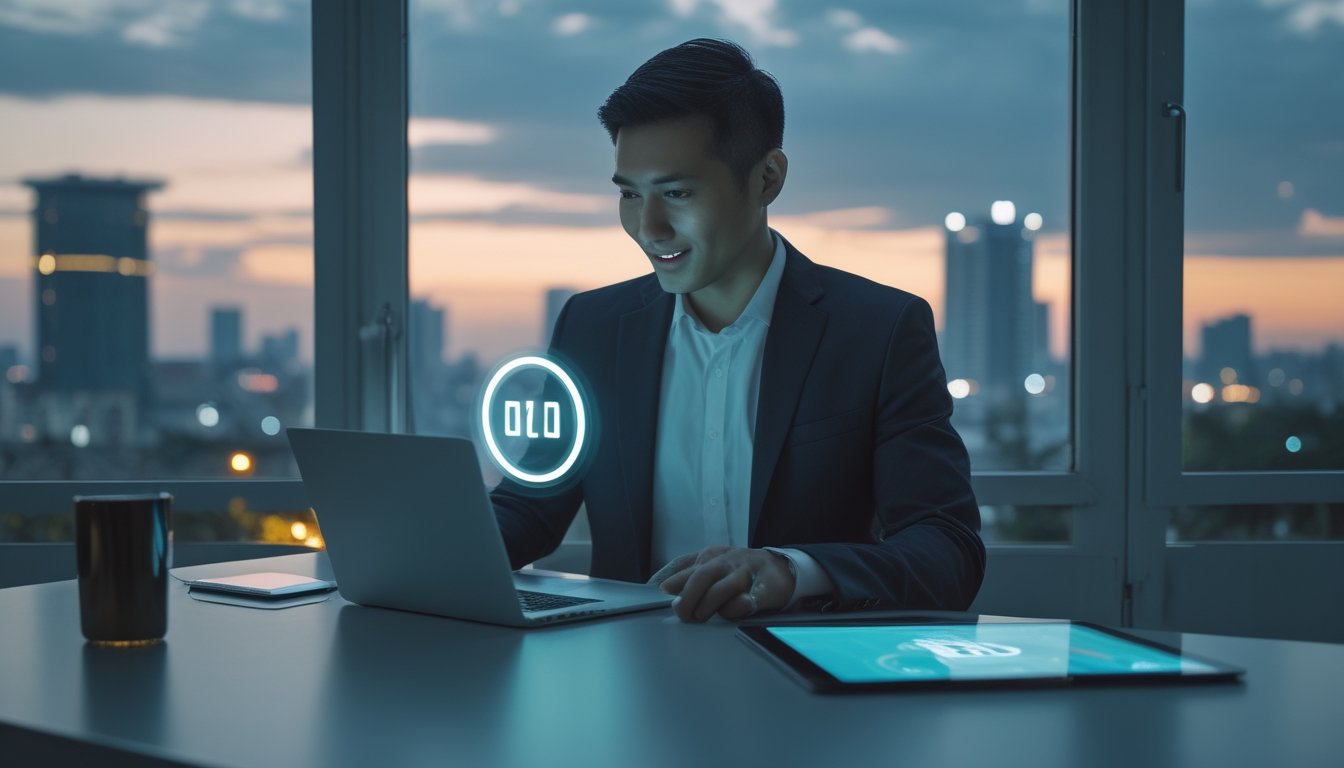 Orang dewasa menggunakan ponsel dan laptop untuk melakukan pembayaran digital di ruang kerja modern.