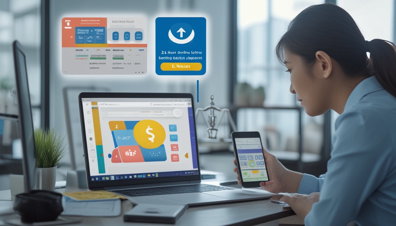 Orang dewasa meninjau transaksi digital dan dokumen risiko keuangan di meja kerja dengan laptop dan ponsel.