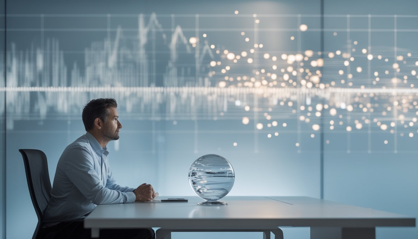 Seorang analis mempelajari pola data abstrak yang menunjukkan ketidakpastian di ruang kerja modern.