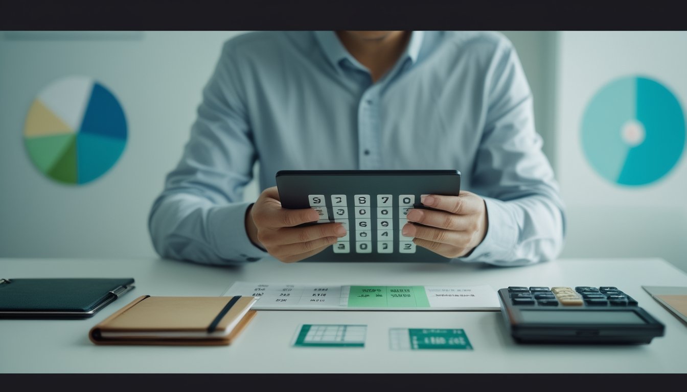 Seorang profesional Asia meninjau kombinasi angka di tablet pada meja kerja modern.