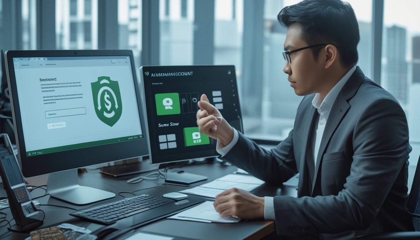 Seorang pengguna memeriksa verifikasi keamanan dan legalitas platform digital di meja kerja bersama konsultan.