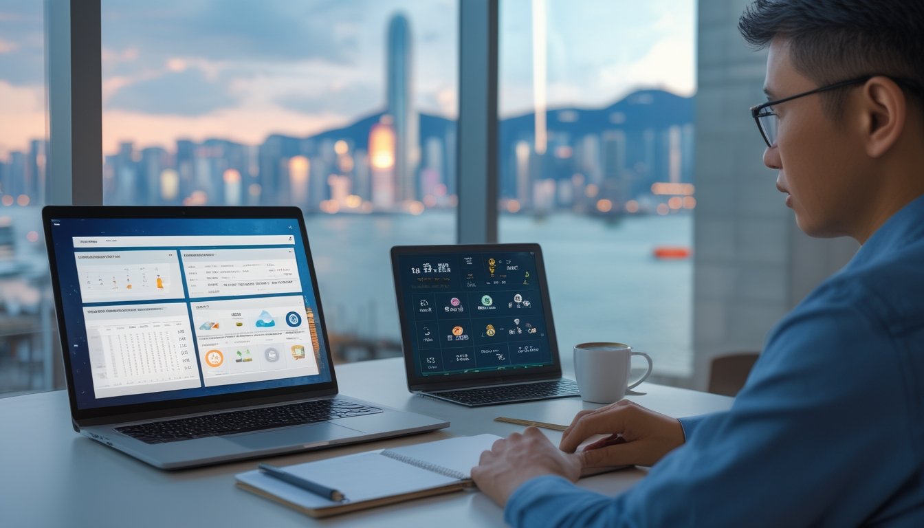 Orang dewasa melihat dasbor data abstrak pada ponsel dan laptop dengan latar langit kota Hong Kong.