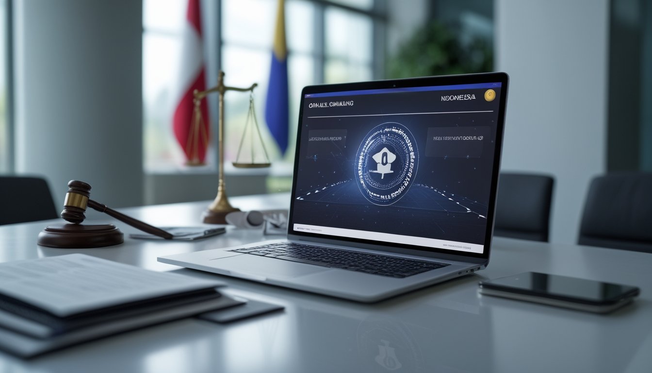 Laptop dengan tampilan taruhan daring abstrak di meja kantor hukum, disertai simbol peraturan dan keamanan digital.