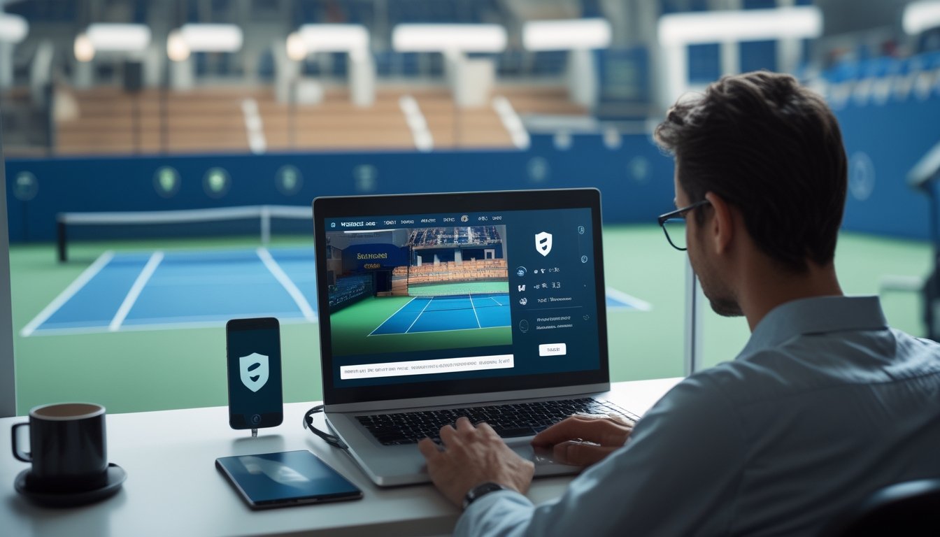 Seseorang melihat pertandingan tenis langsung pada laptop dan ponsel di ruang kerja modern dengan nuansa keamanan digital.