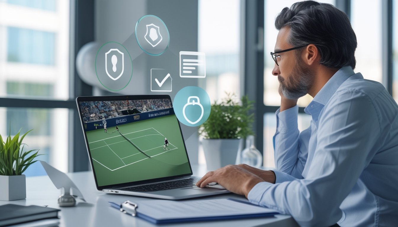 Profesional meninjau siaran pertandingan tenis dan elemen keamanan digital di laptop dalam ruang kerja modern.