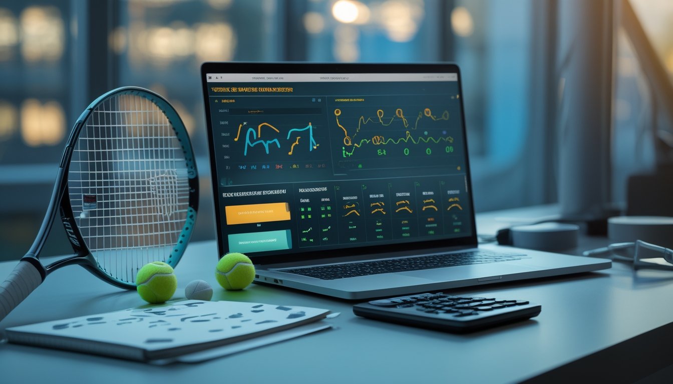 Meja kerja dengan raket dan bola tenis, laptop berisi grafik analisis pertandingan, kalkulator, serta buku catatan.