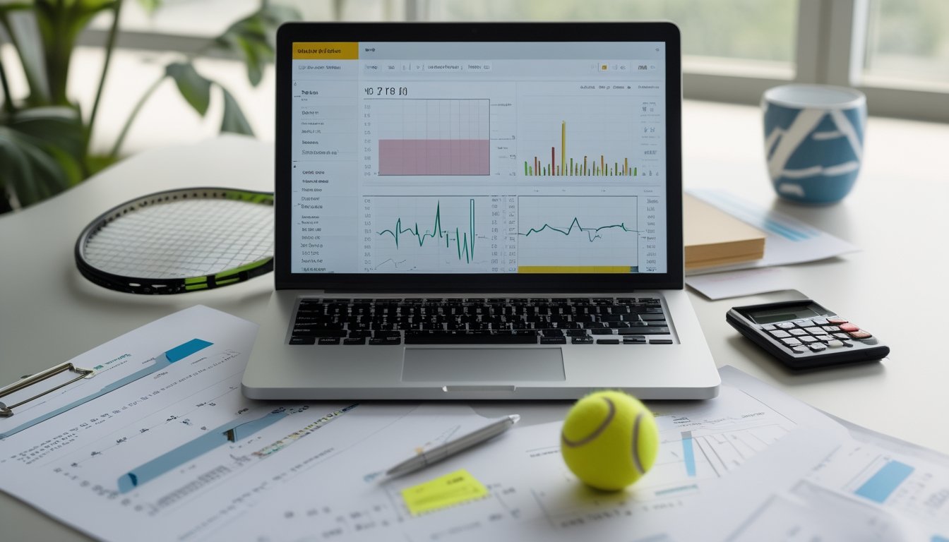 Meja analisis dengan raket dan bola tenis, laptop berisi grafik statistik, serta lembar data dan kalkulator.