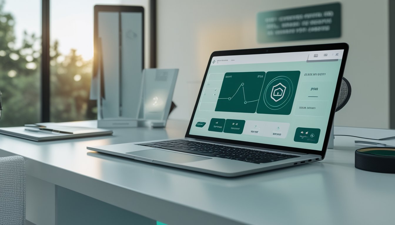 Laptop dan ponsel menampilkan antarmuka pembayaran digital abstrak di samping raket dan bola tenis.