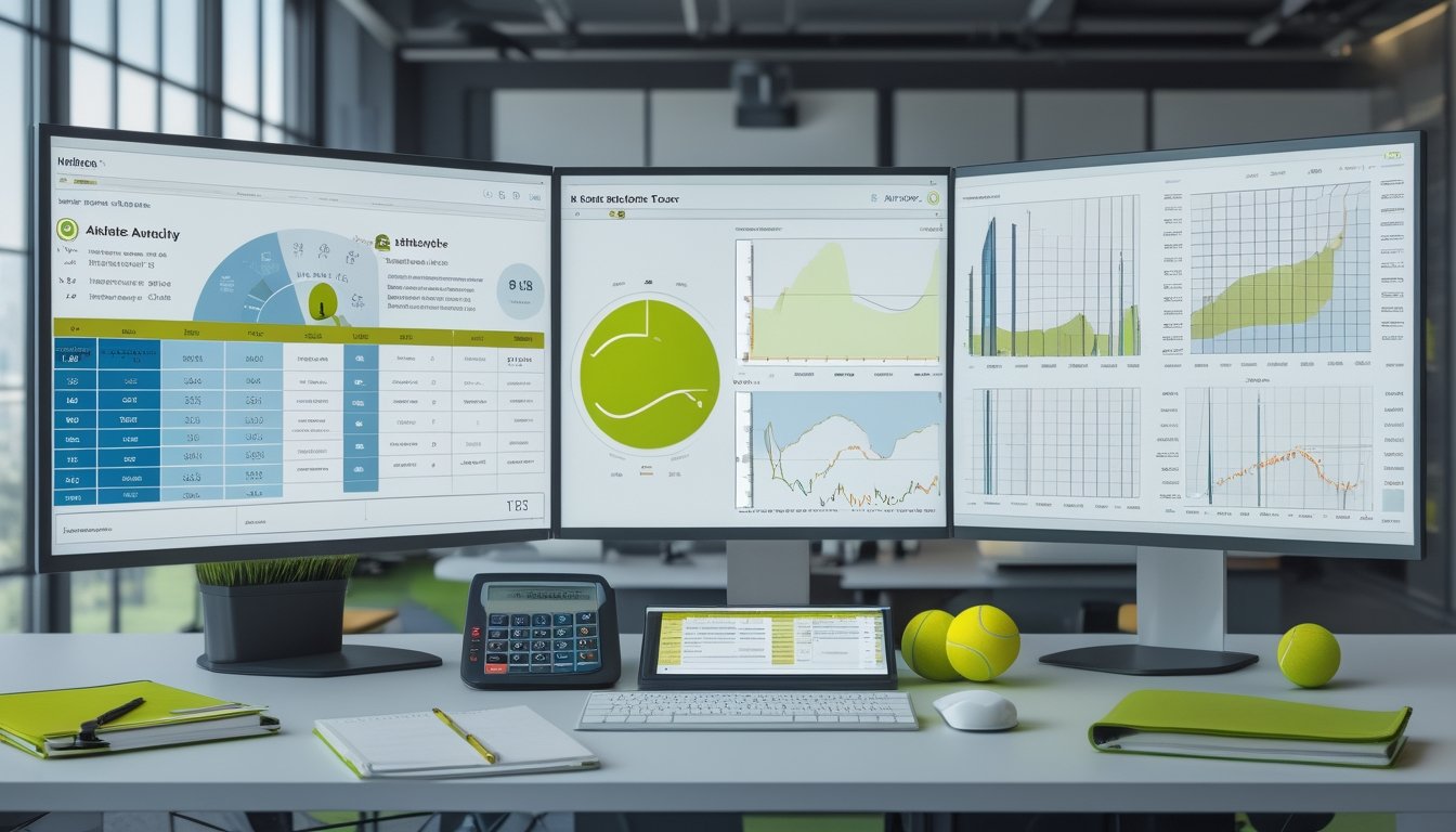 Tim analis mempelajari data statistik tenis dan grafik probabilitas di ruang kerja modern.