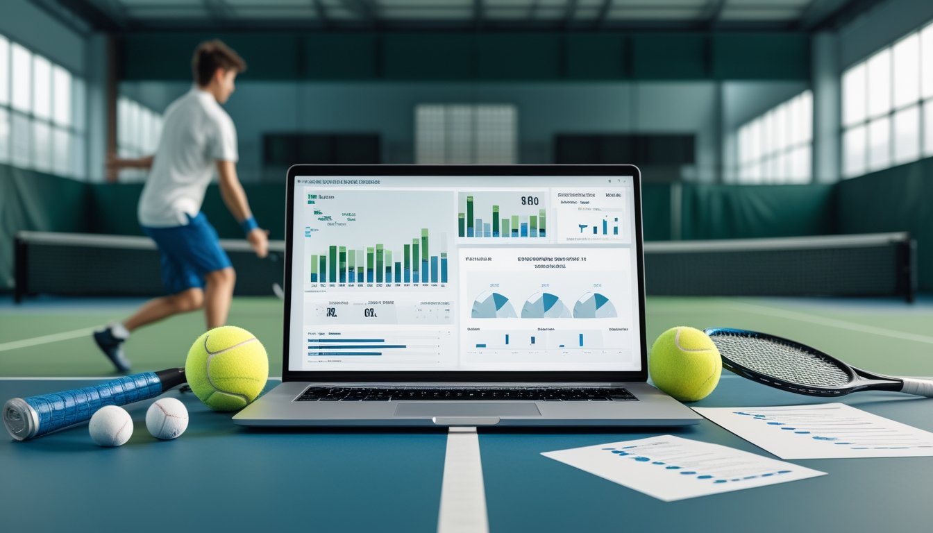 Ruang analisis modern dengan perlengkapan tenis dan visualisasi data abstrak.
