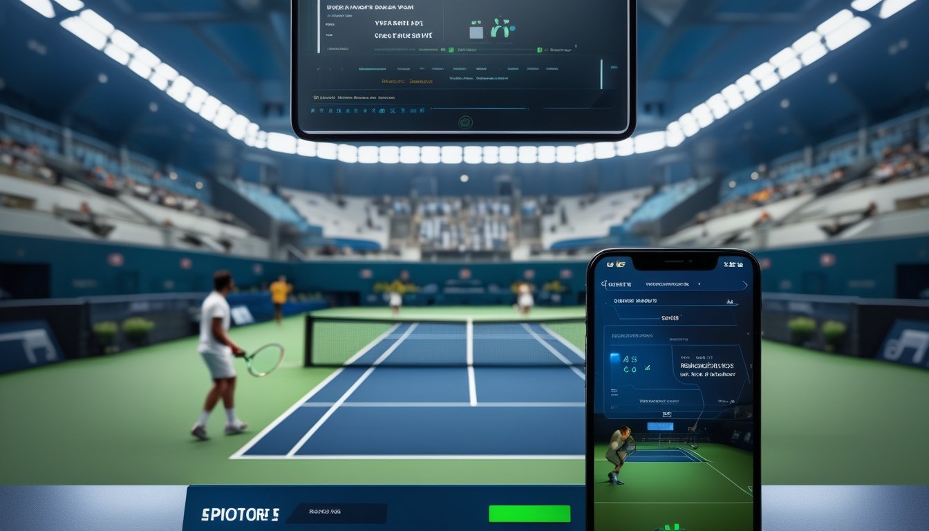 Pertandingan tenis internasional berlangsung di stadion modern dengan perangkat digital di latar depan.