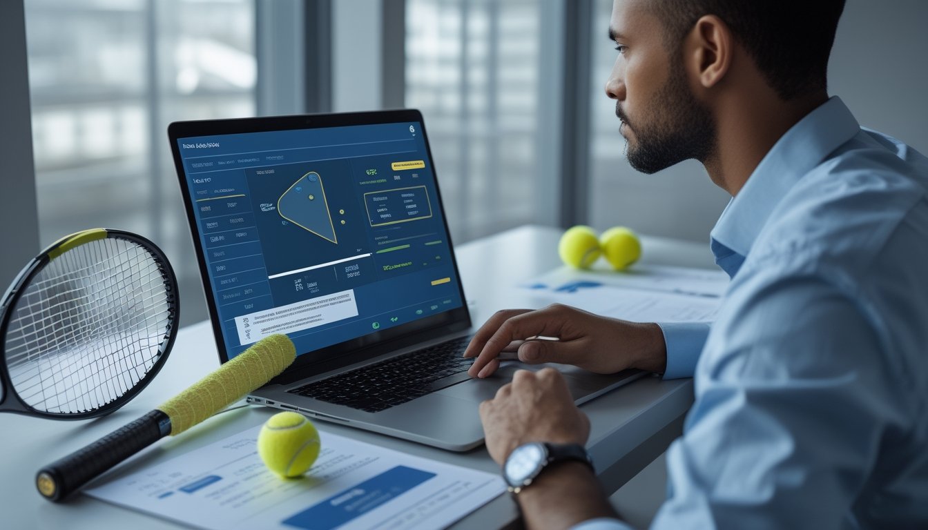 Seorang analis dewasa memeriksa platform pertandingan tenis internasional di laptop dalam suasana kantor profesional.