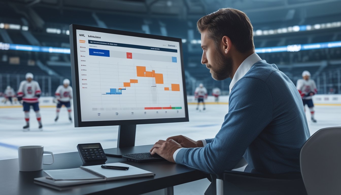Seorang analis olahraga mempelajari data pertandingan hoki es di depan komputer dengan arena hoki sebagai latar belakang.