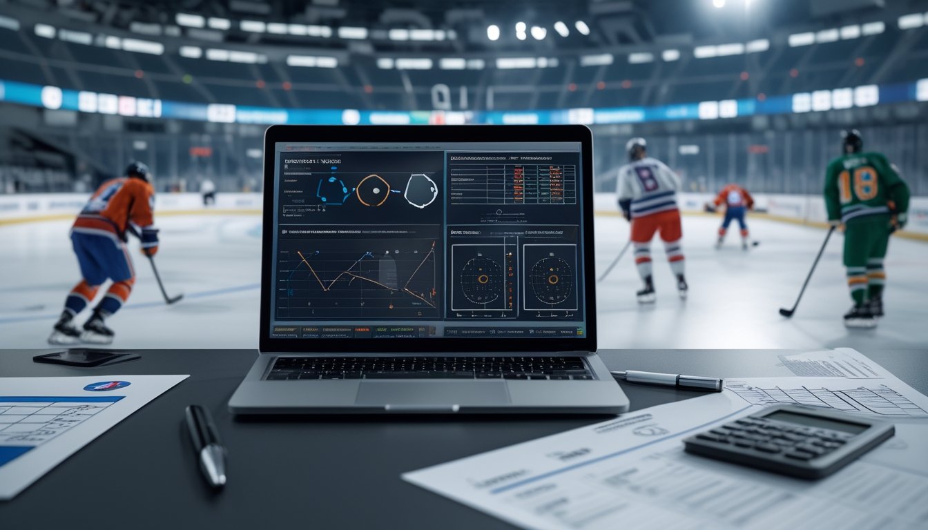 Meja analisis dengan laptop berisi grafik olahraga abstrak, lembar statistik hoki es, dan arena hoki pada layar latar.