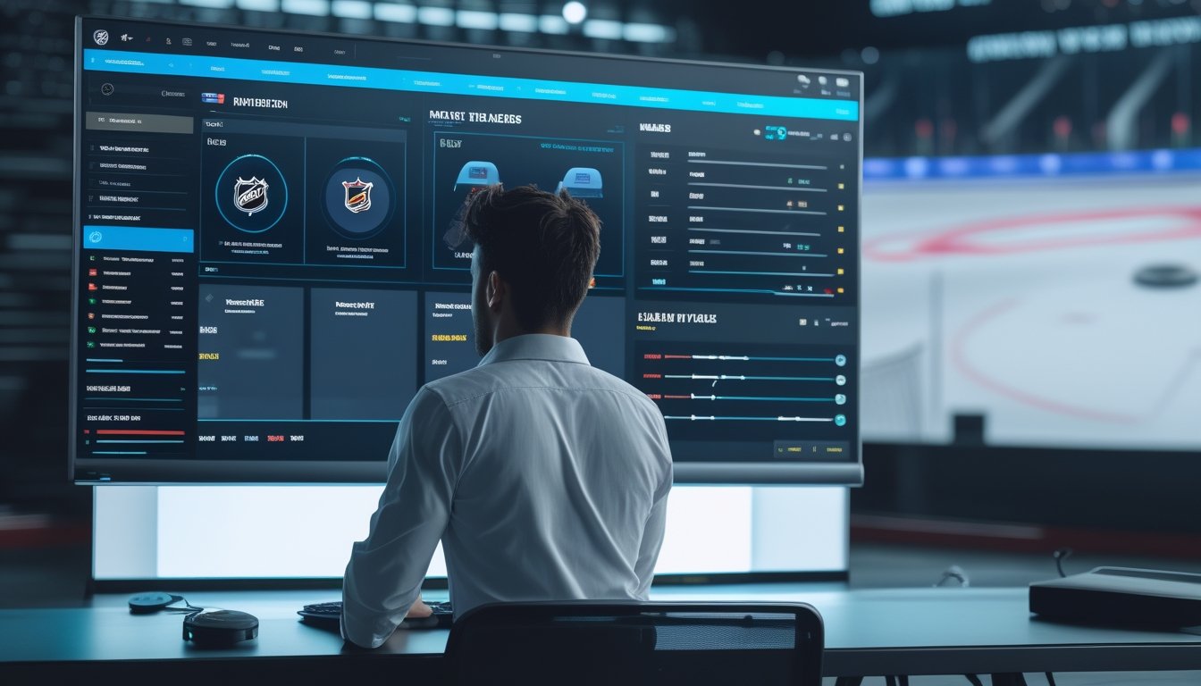 Seseorang menggunakan platform analisis pertandingan hoki es di ruang kerja modern dengan tampilan statistik digital.
