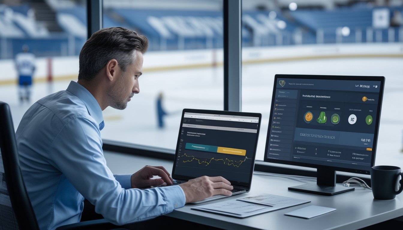 Seorang analis menilai keamanan dan kredibilitas platform taruhan hoki melalui laptop di ruang kerja modern dengan latar arena hoki.