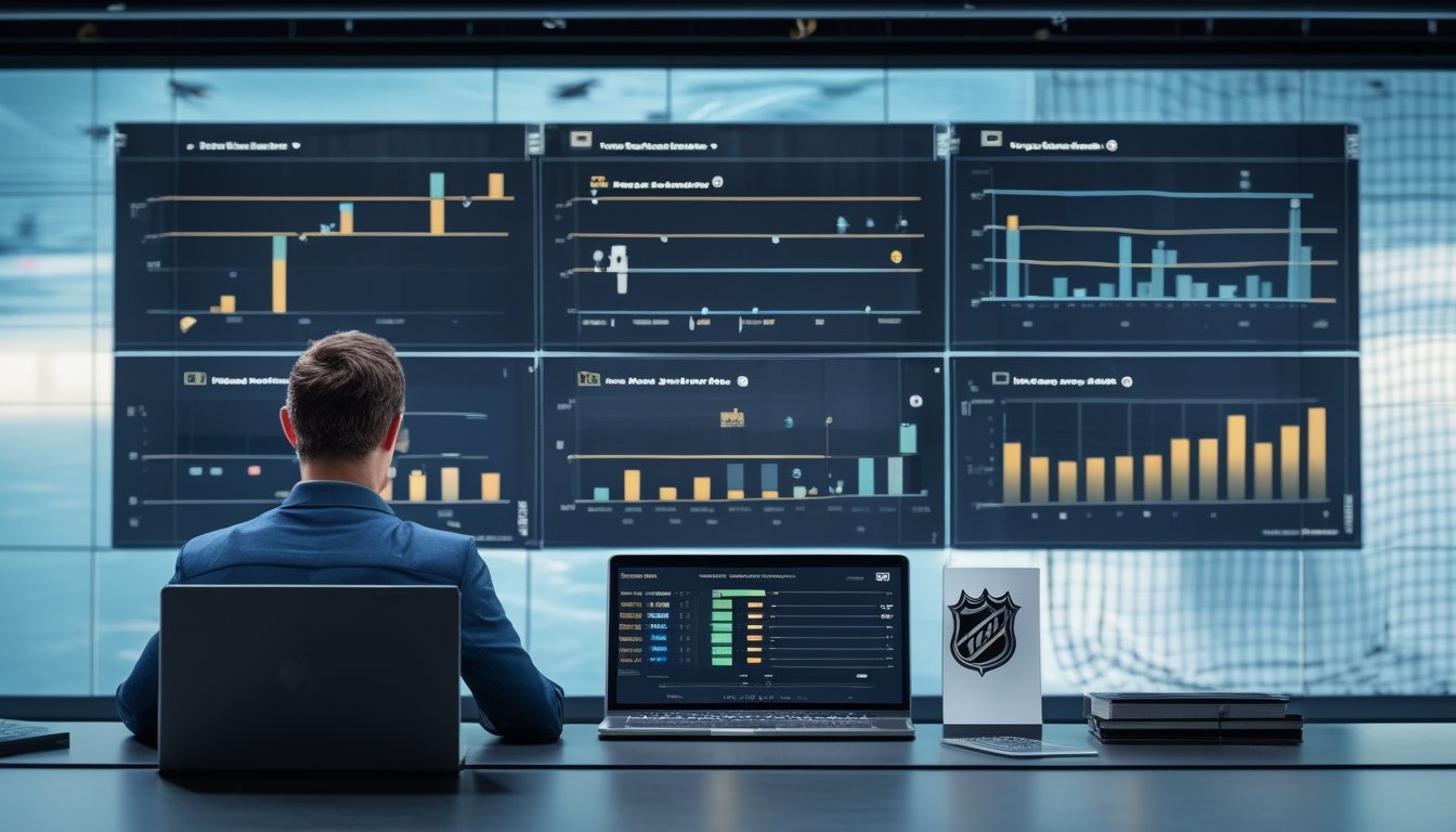 Analis sedang membandingkan data peluang pertandingan hoki es di ruang kerja modern.