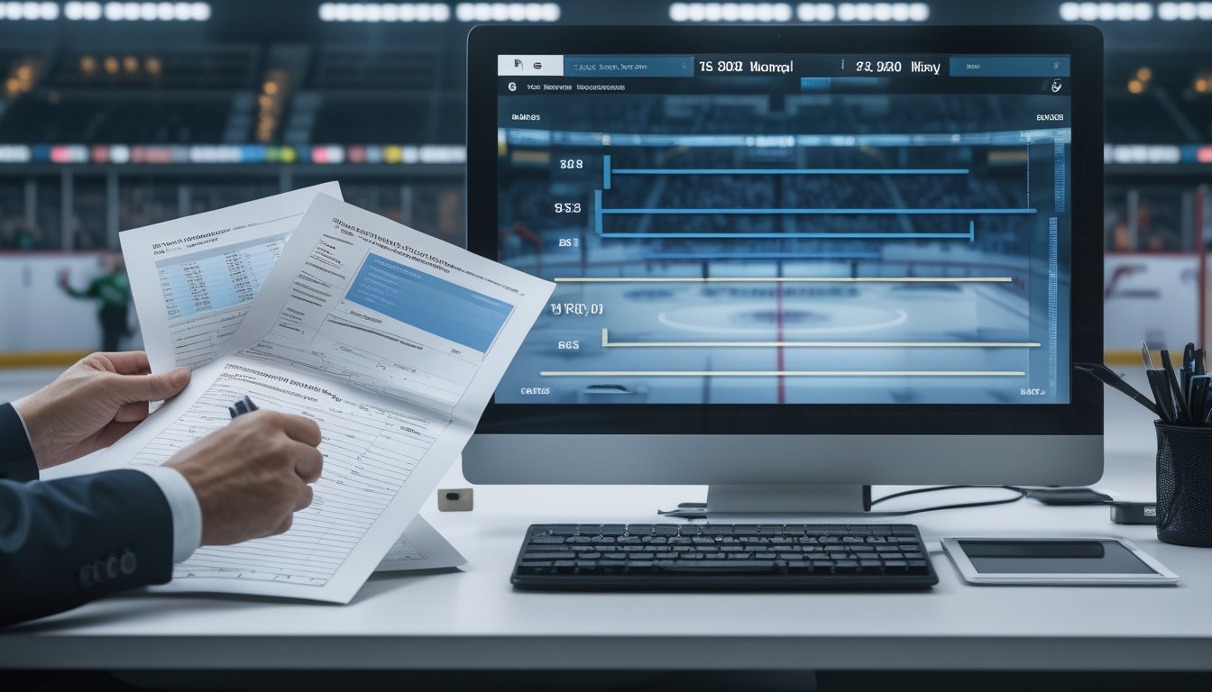 Analis taruhan membandingkan data pertandingan hoki dan grafik odds NHL di meja kerja modern.