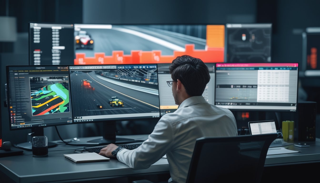 Seorang analis memantau balapan Formula 1 di belakang safety car melalui beberapa layar sambil mengamati grafik data taruhan.