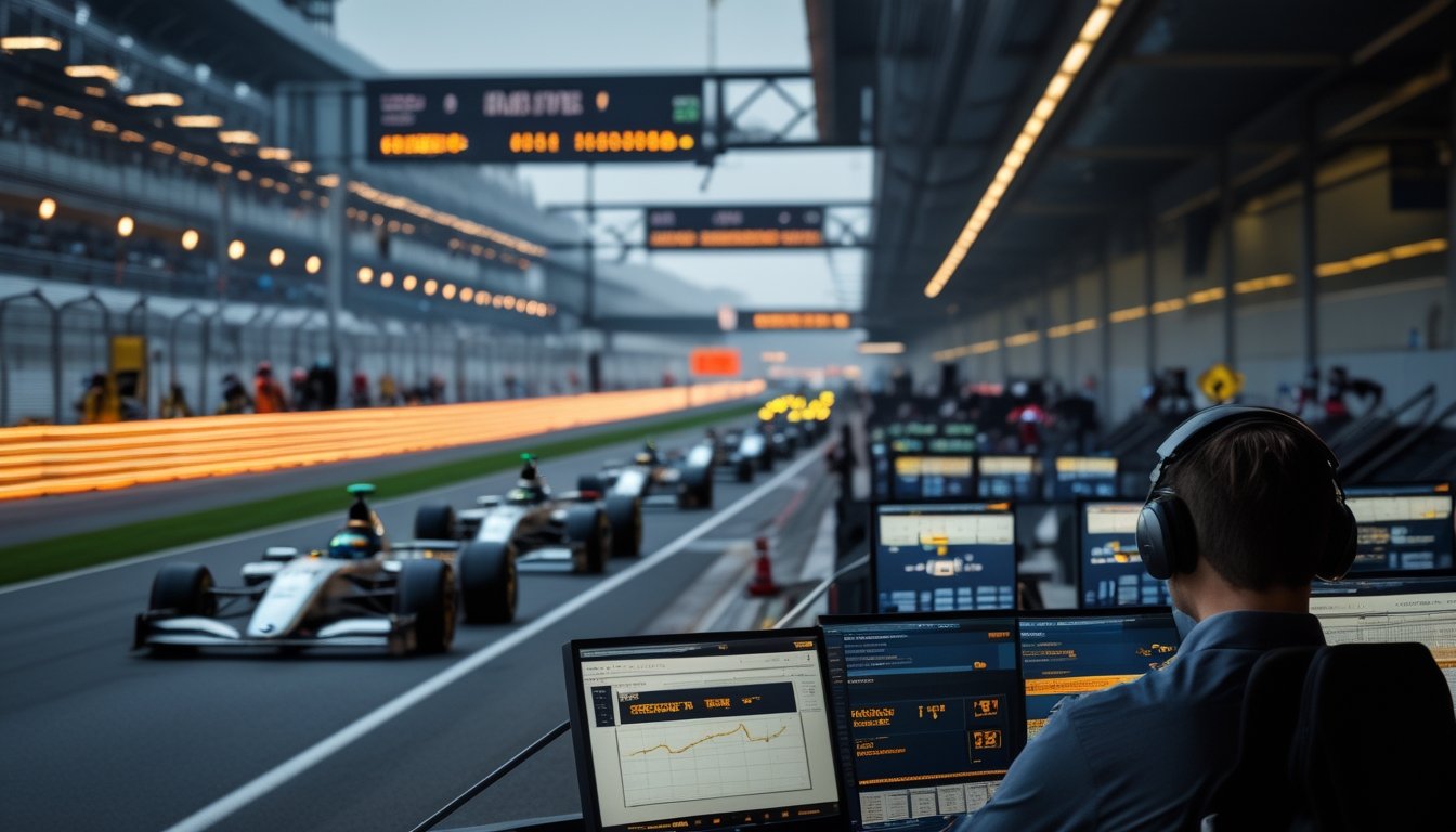 Analis di pit wall memantau mobil Formula 1 yang melaju di belakang safety car melalui beberapa layar strategi.