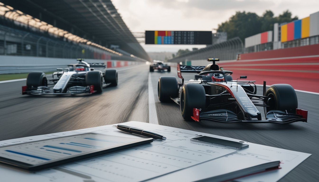 Dua mobil balap Formula 1 melaju berdampingan di tikungan sirkuit dengan meja analisis di latar depan.